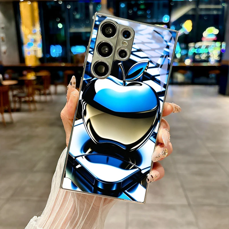 Grid Blue Fruit Silver Phone Case For Samsung A30s/A31/A32/A34/A36/A37/A50/A51/A52/A53/A54/A55/A56/A57/A71/A72/A73 Glass Cover