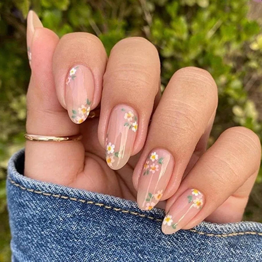 

Pink Spring Pr on Nails Almond Shape Fake Nails with Small Flowes Daisy Floral Artificial Nails Medium Length Spring Summer Glu