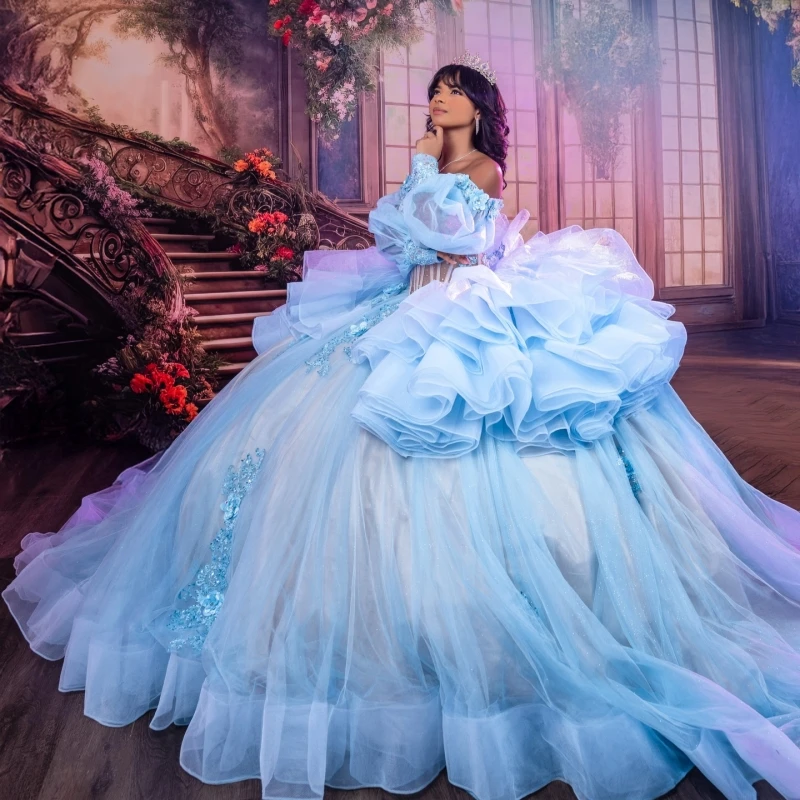 

Sky Blue Shiny Quinceanera Dresses Ball Gown Off The Shoulder Applique Lace Beading Crystal Tull Corset Party Sweet 16 Dress