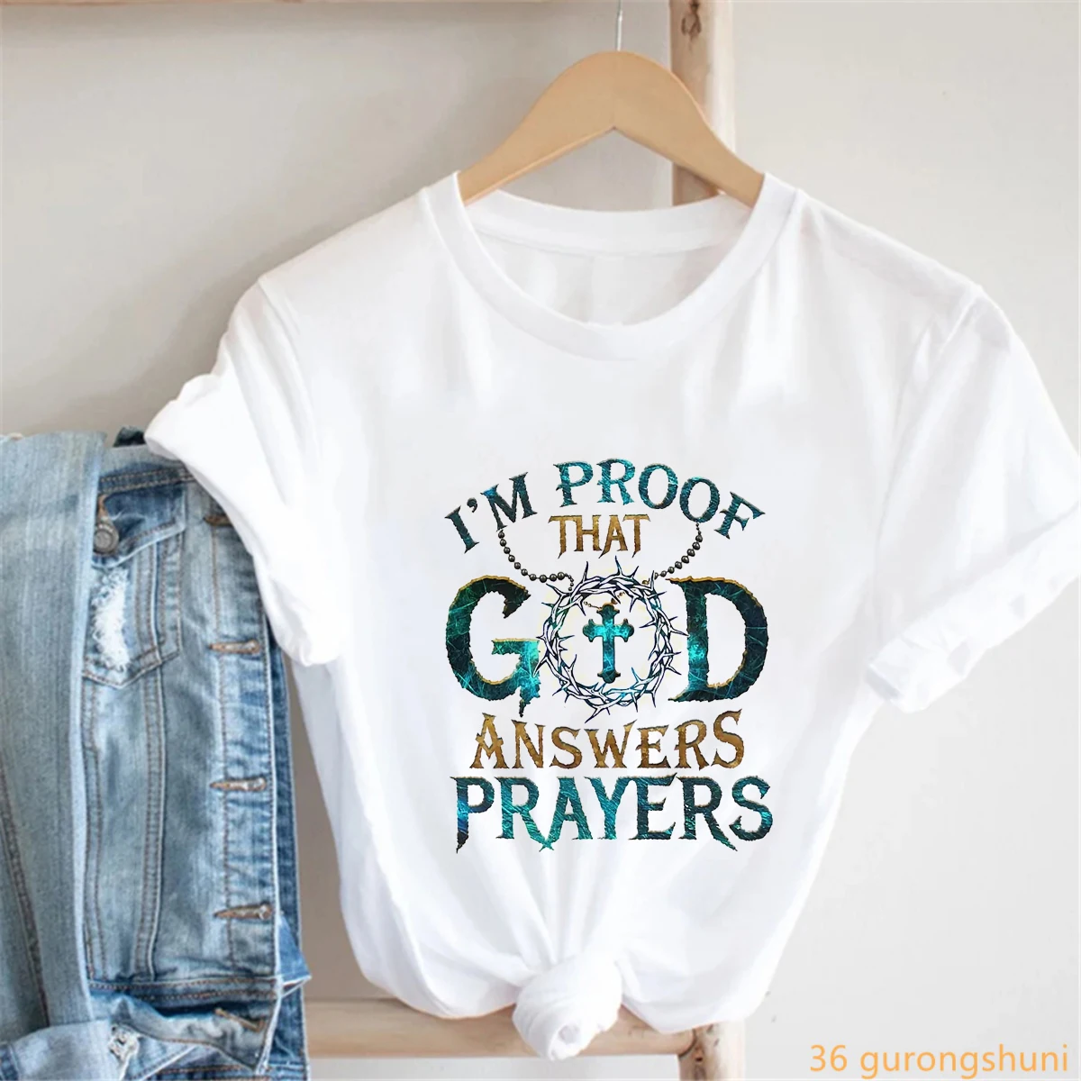 

I'M Proof That God Answers Prayers Letter Printed T Shirt Girls Jesus Faith Summer Fashion T-Shirt Women White Casual T-Shirt