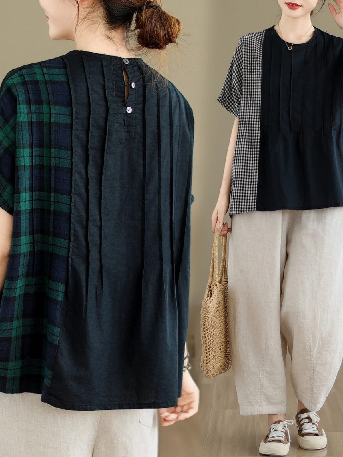 Camiseta de talla grande para mujer, camiseta redonda de algodón y lino, Top Vintage a cuadros japonés, informal, Faion