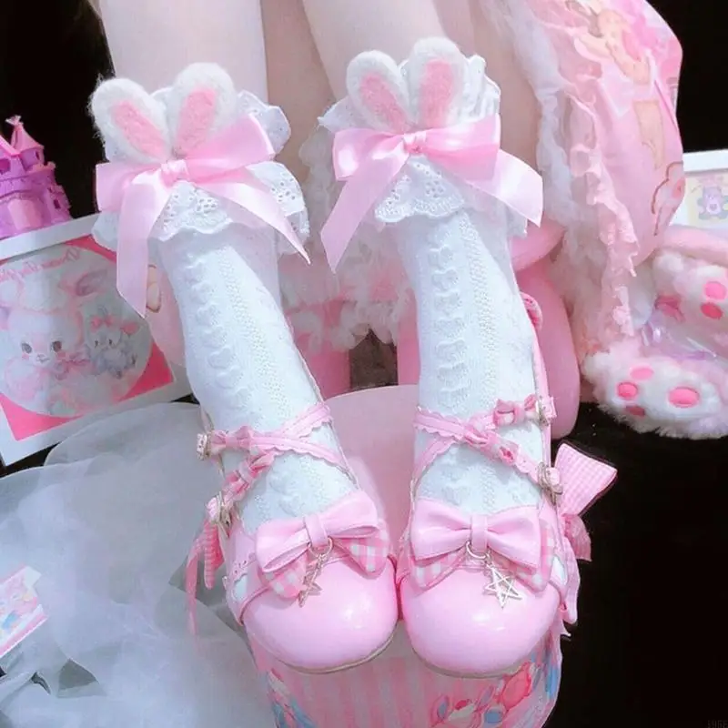195E ロリータかわいい バニー耳綿クルーソックス女性ガールフリルフリルレースリボンちょう結びニットハート縞模様