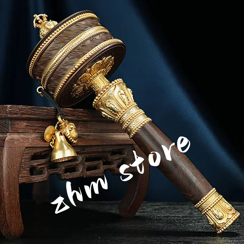 23cm Pure Copper Tibetan Exquisite Carving Guanyin/Lotus Mantra/Scriptures Wooden Hand Cranking Prayer Wheel