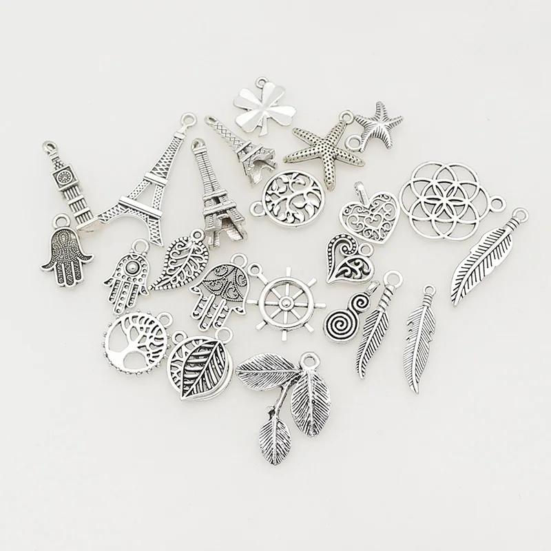 1pack Antique Silver Color Feather/Life Tree/Leaves/Hearts/Palms Series Metal Charms Women/Men Jewelry Pendants DIY Accessories