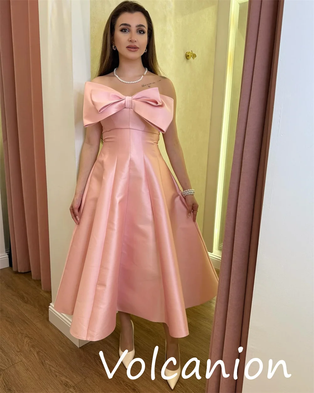 Customized Intricate Matching Charmeuse Bow Pleat A-line Strapless Midi Dresses Bespoke Occasion Fashion