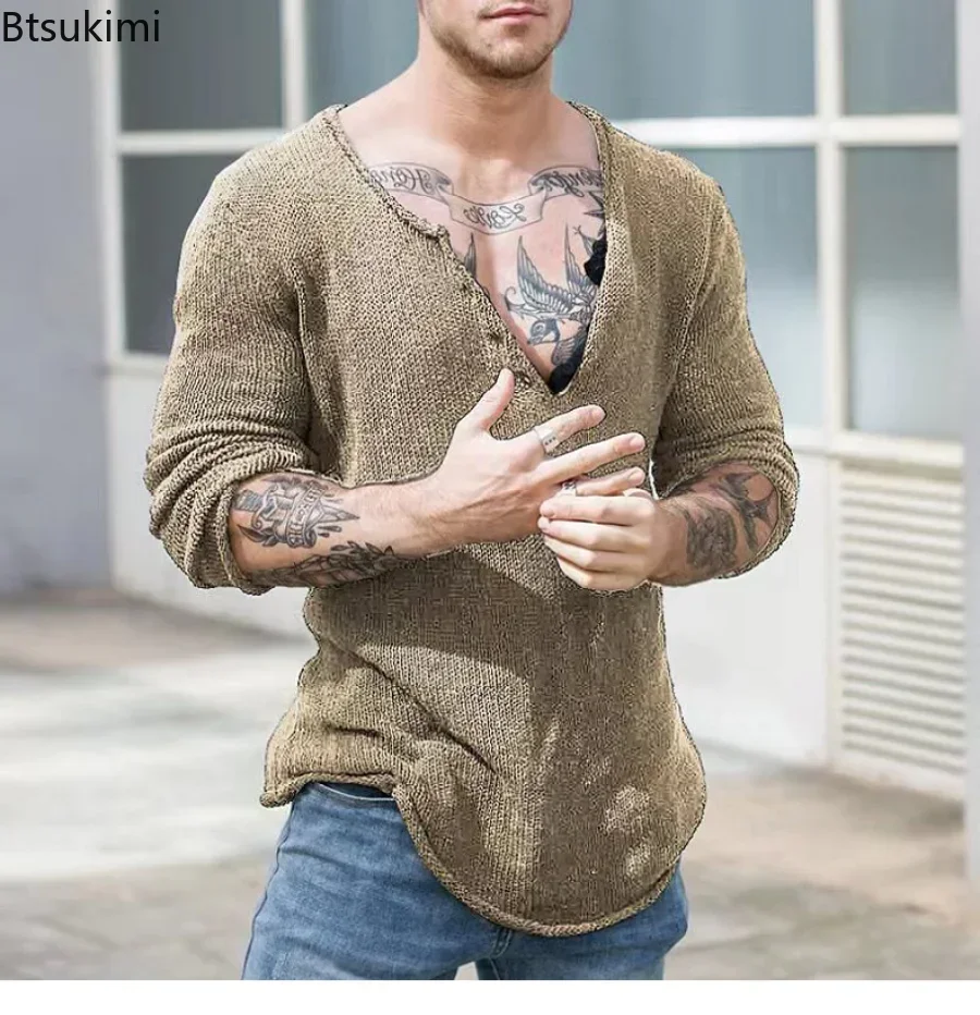 2025 Spring Autumn Mens Casual V-Neck Solid Sweater Fashion Knitted Pullover Tops For Men Harajuku Long Sleeve Jumper Streetwear