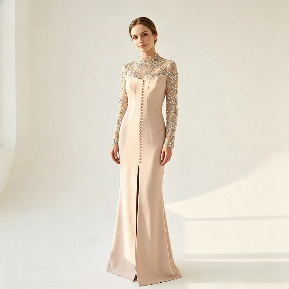Customized High Neck Long Sleeve Beaded Mermaid Evening Dress Stretch Satin Split Formal Gown Wedding Guest Party Modest Dress