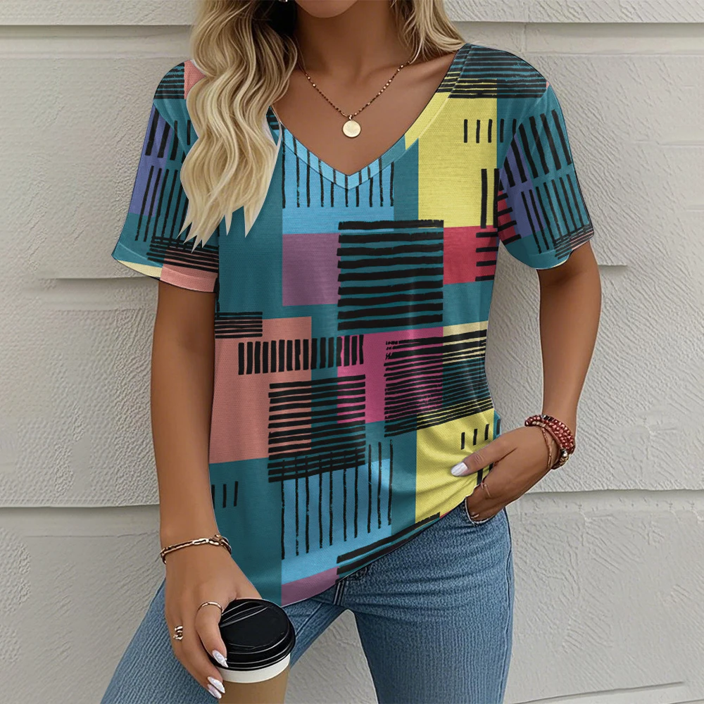 T-shirt da donna vintage estiva T-shirt casual con motivo scozzese stampato Abbigliamento da esterno con scollo a V manica corta Top T-shirt da strada alla moda