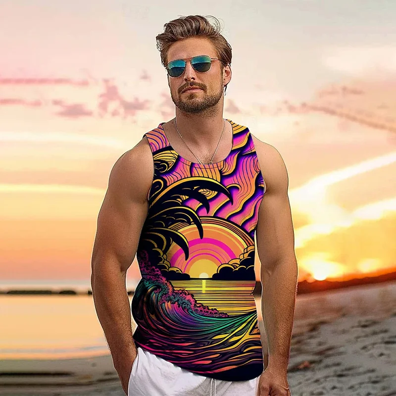 Harajuku Summer 3D New Tropical Leaves Printed Tank Top Men Coconut Trees Graphic Tank Tops Fashion Cool Streetwear Vest Clothes