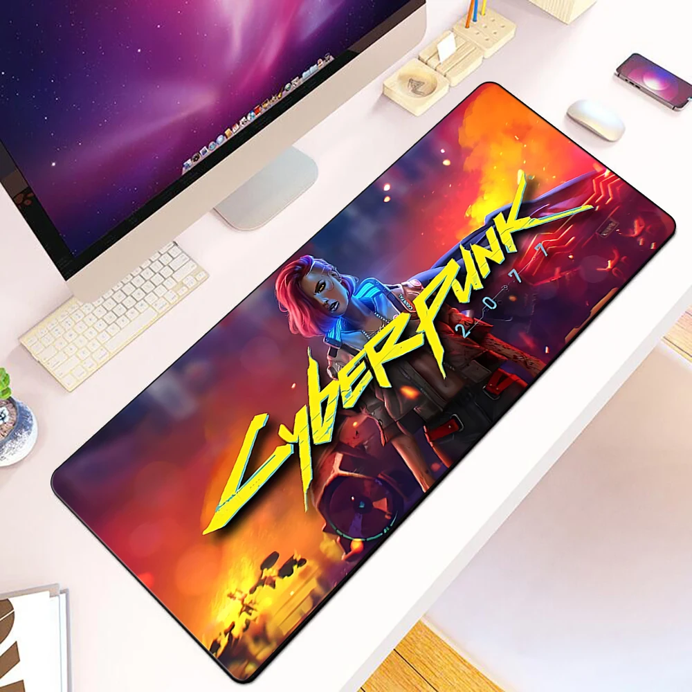 Podkładka pod mysz dla graczy w cyberpunkowe gry science fiction, druk HD, obszyta krawędziami, antypoślizgowa, XXL 90x40cm, podkładka na biurko pod klawiaturę i PC. — zdjęcie produktu 2