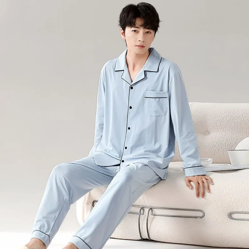 Men Sleepwear Spring Autumn Pure Cotton Long-Sleeved Casual Large Size Homewear Suit Teenagers Cardigan Thin Simple Pajamas Set