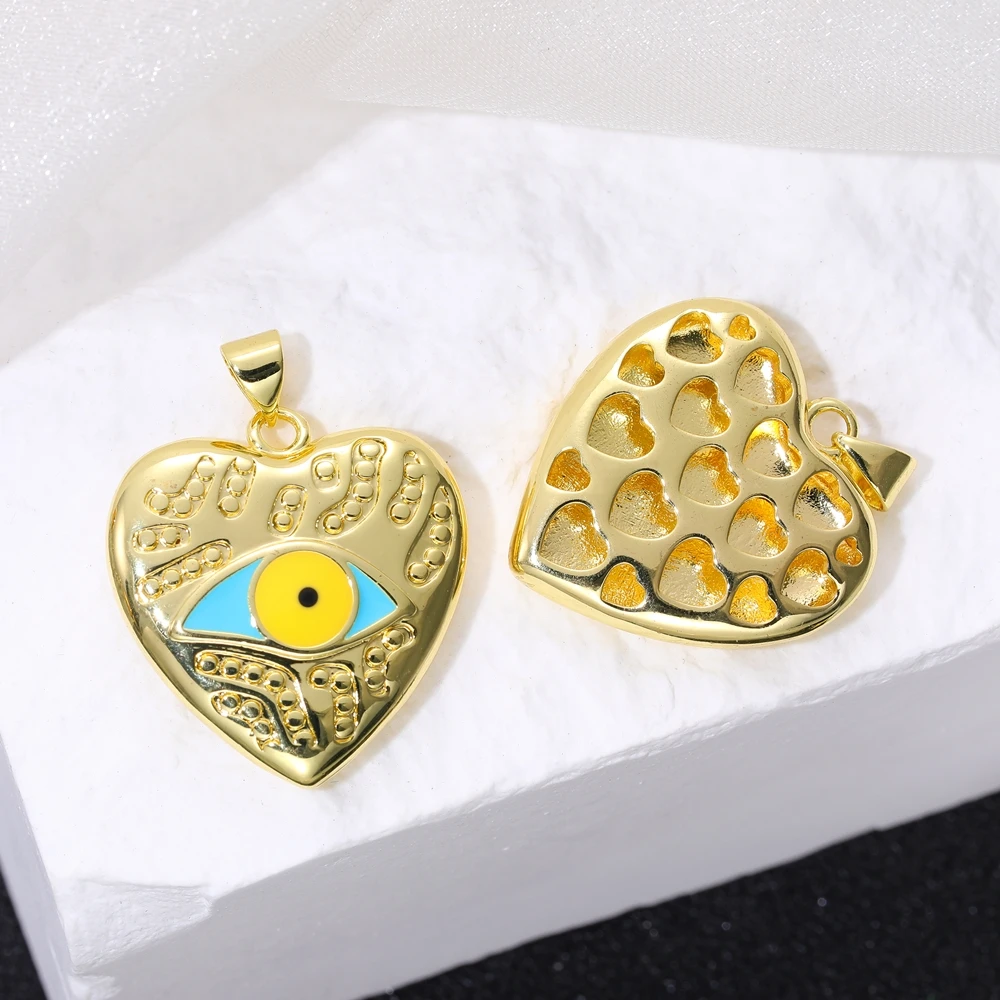 Juya DIY 18K Real Gold Plated Pendants Handicraft Decoration Enamel Love Heart Hamsa Fatima Hand Greek Evil Eye Charms Supplies