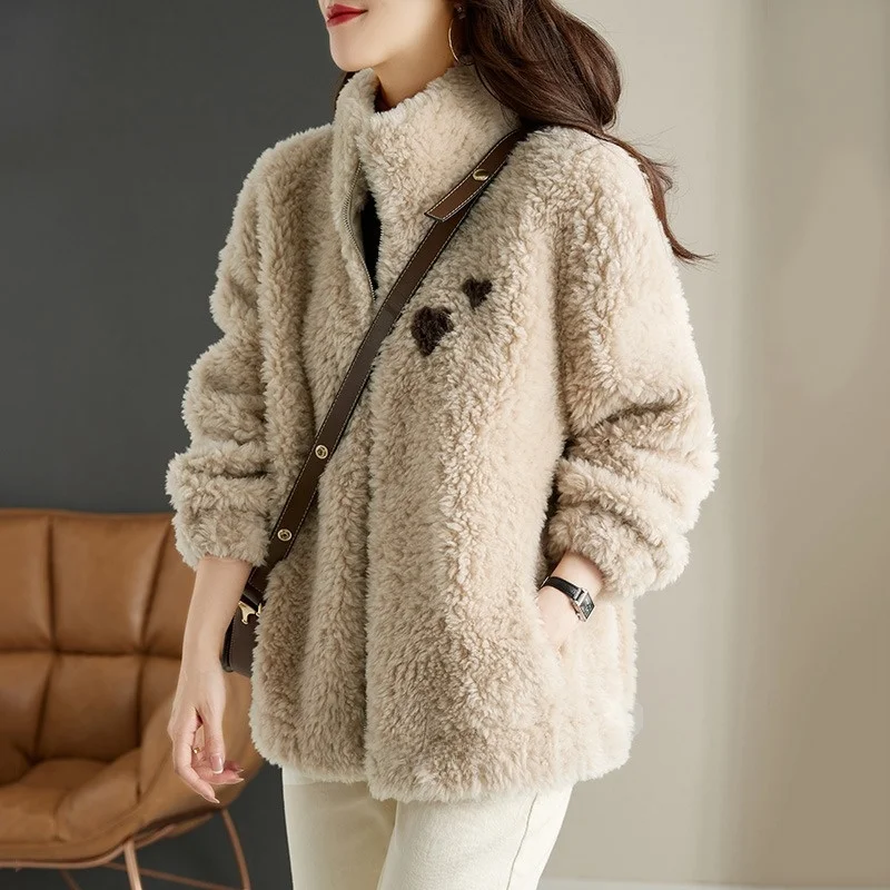 

Autumn Winter New Sle Women's Woolen Coat Lamb Fur Particle Fce Jaet Long Sve High Collar Lantern Sve Color