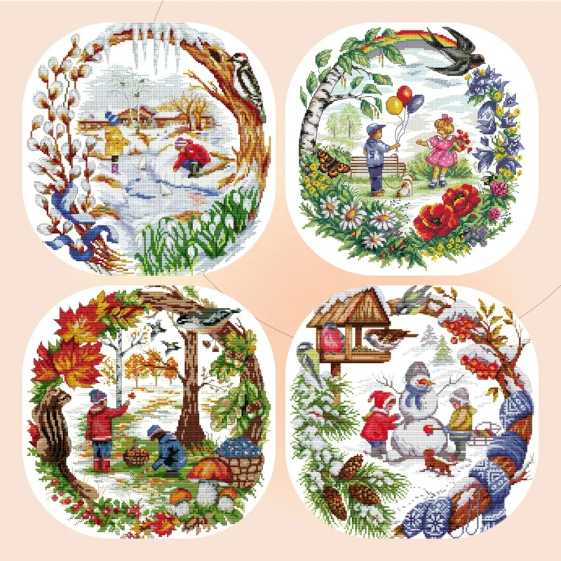 Joy Sunday  Printed Cross Stitch Kit for Adult 16CT/14CT/11CT DMC Threads DIY Set Four Seasons in Childhood Picture Art Crafts
