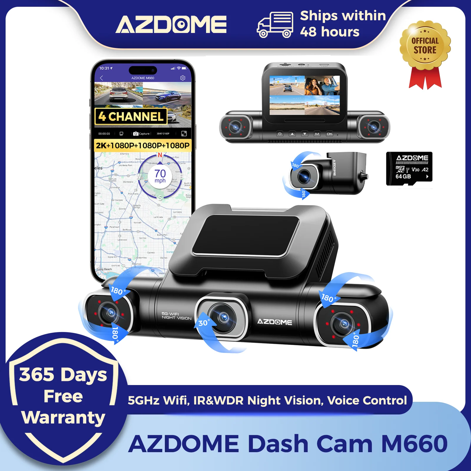 AZDOME M660 2.5K+3*1080P 4채널 차량용 블랙박스 GPS 5G 와이파이 무료 64GB 카드 음성 제어 24시...