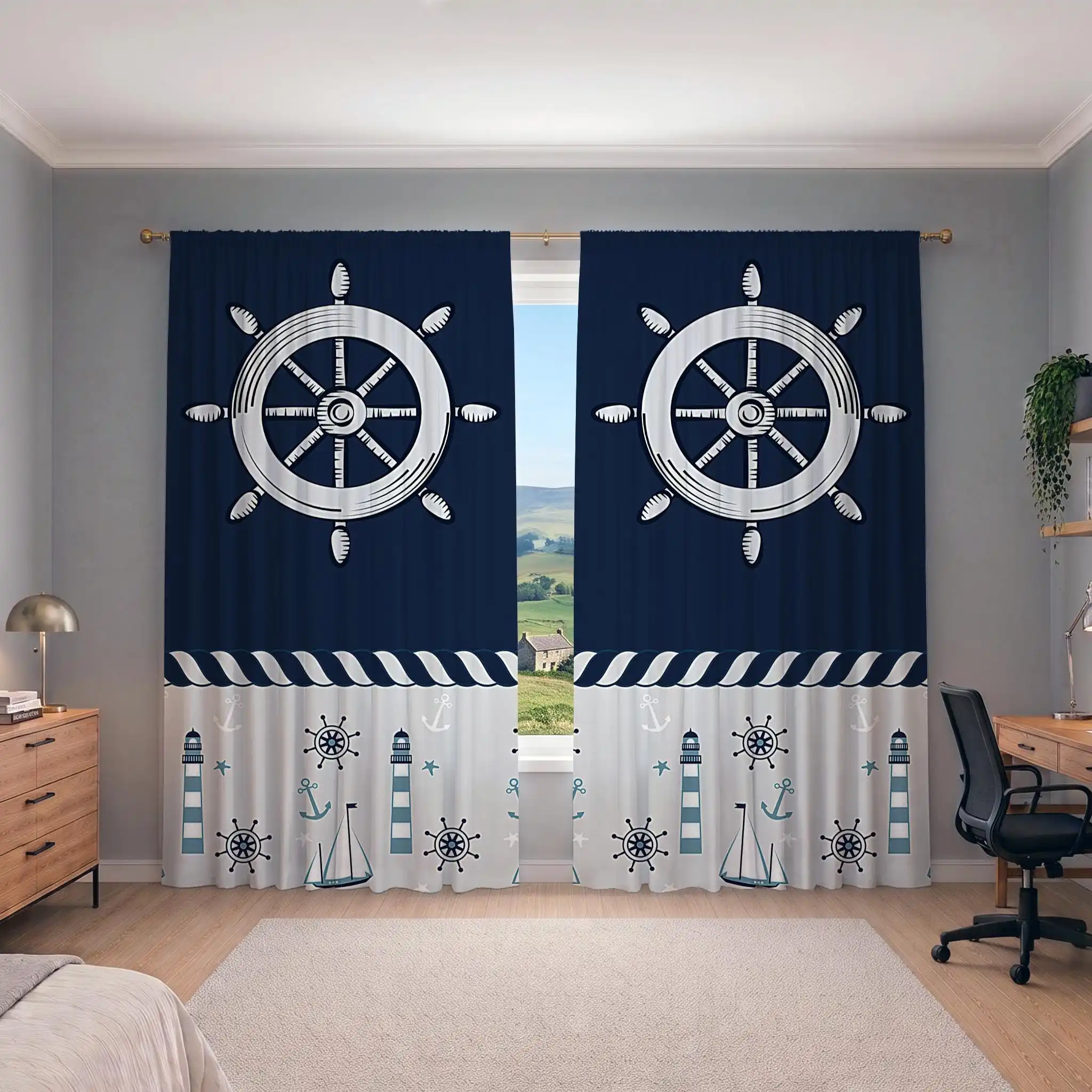 Nautical Theme Ocean Life Bathroom Shower Curtain Navy Blue Nautical Decor Coastal Style Beach Bathroom Curtain