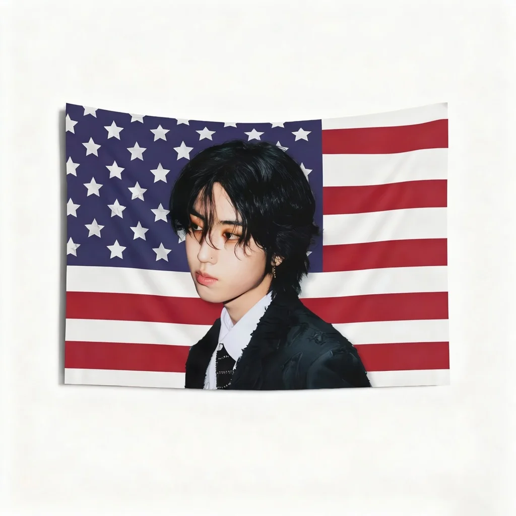 Kpop Idol Tapestry Flat Print Cool Boy Portrait Wall Hanging with American Flag Decor for Bedroom Dorm Room Music Fan Gift