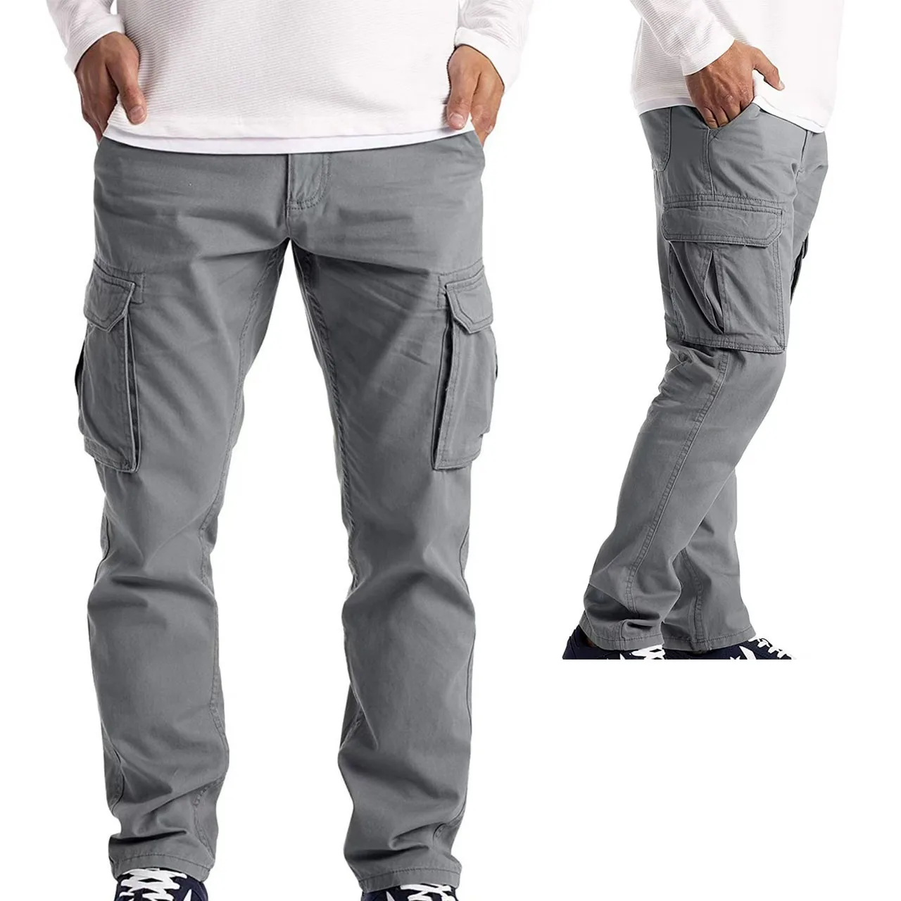 New Cargo Pants Men's Loose Straight Big Pocket Clothing Solid Grey Versatile Work Wear Black Joggers Casual Male Trousers