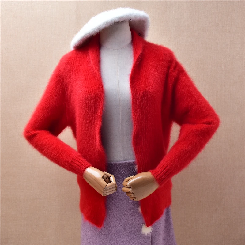 

Ladies Women Spring Autumn Fashion Red Hairy Mink Cashmere Knitted Long Sleeves Slim Cardigans Mantle Angora Sweater Jacket Coat