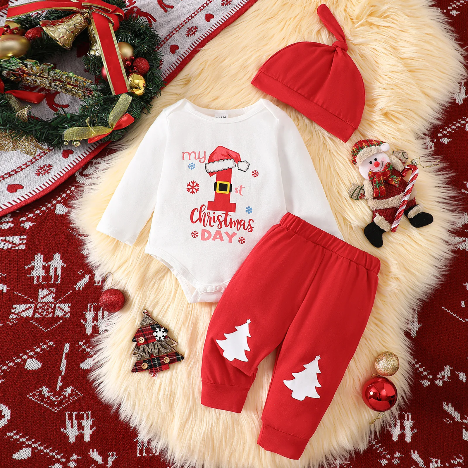 

Baby Boys Girls Christmas Outfits Letter Print Crew Neck Long Sleeve Rompers Snowflake Print Long Pants Hat 3Pcs Clothes Set