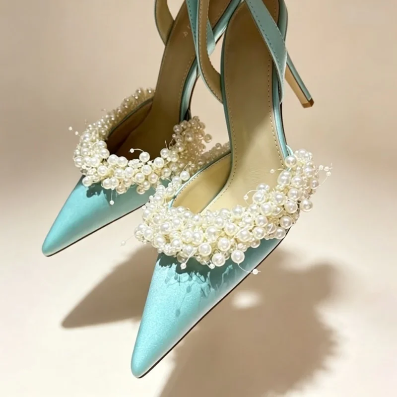 Elegant String Bead Slingback High Heel Pumps Pink Black Blue Silk Satin Cloth Pointed Toe Evening Banquet Shoes