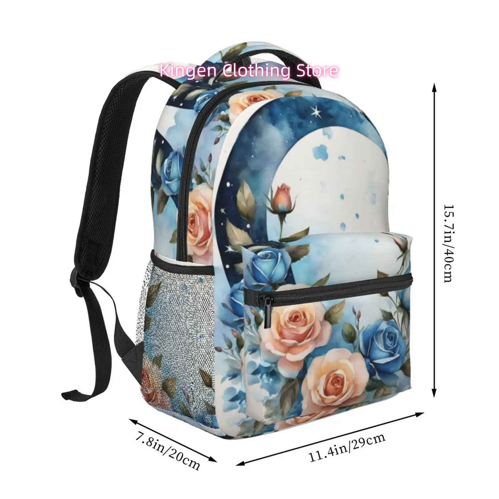 Watercolor Crescent Moon with Roses Print Backpack, High Quality Oxford Cloth, Adjustable Shoulder Straps, for Beach Yoga Travel