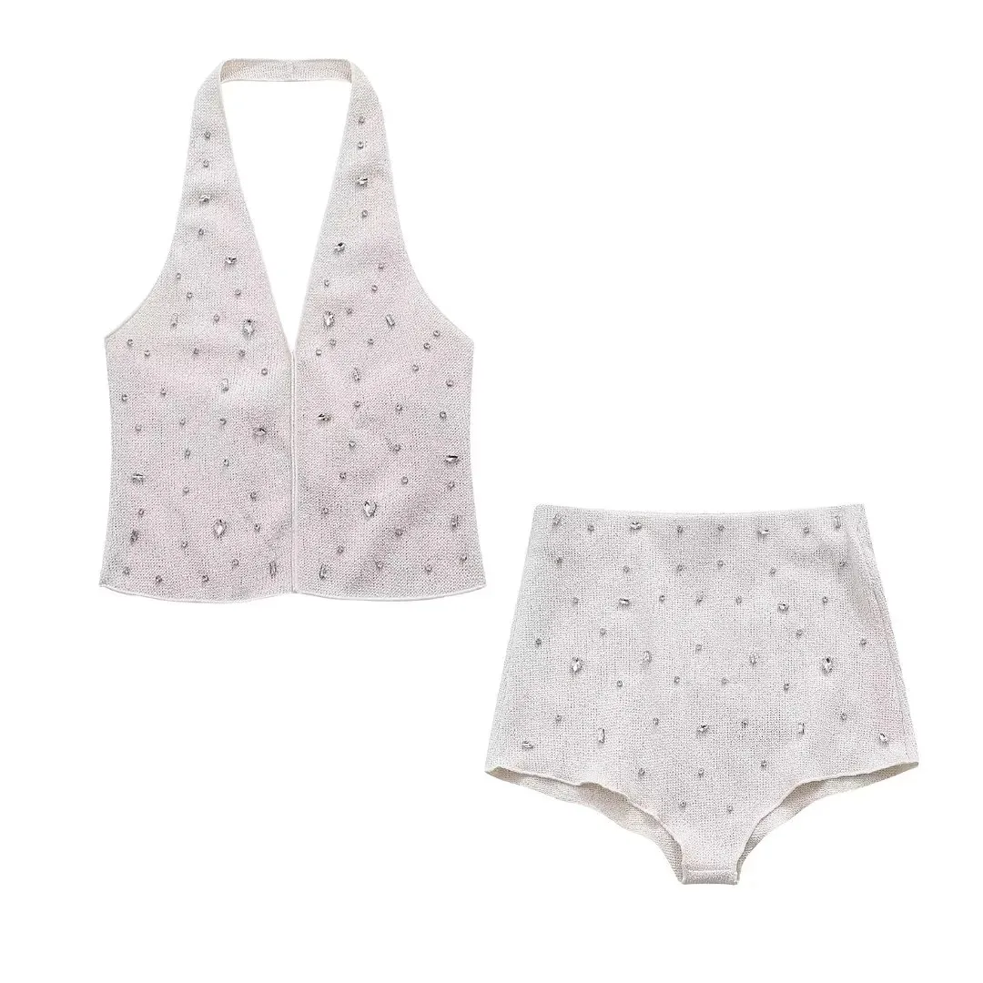 

Diamonds Knitted 2 Piece Set Women Fashion Summer V-neck Halter Backless Tank Crop Tops + Shorts Casual Streetwear Suit Clubwear