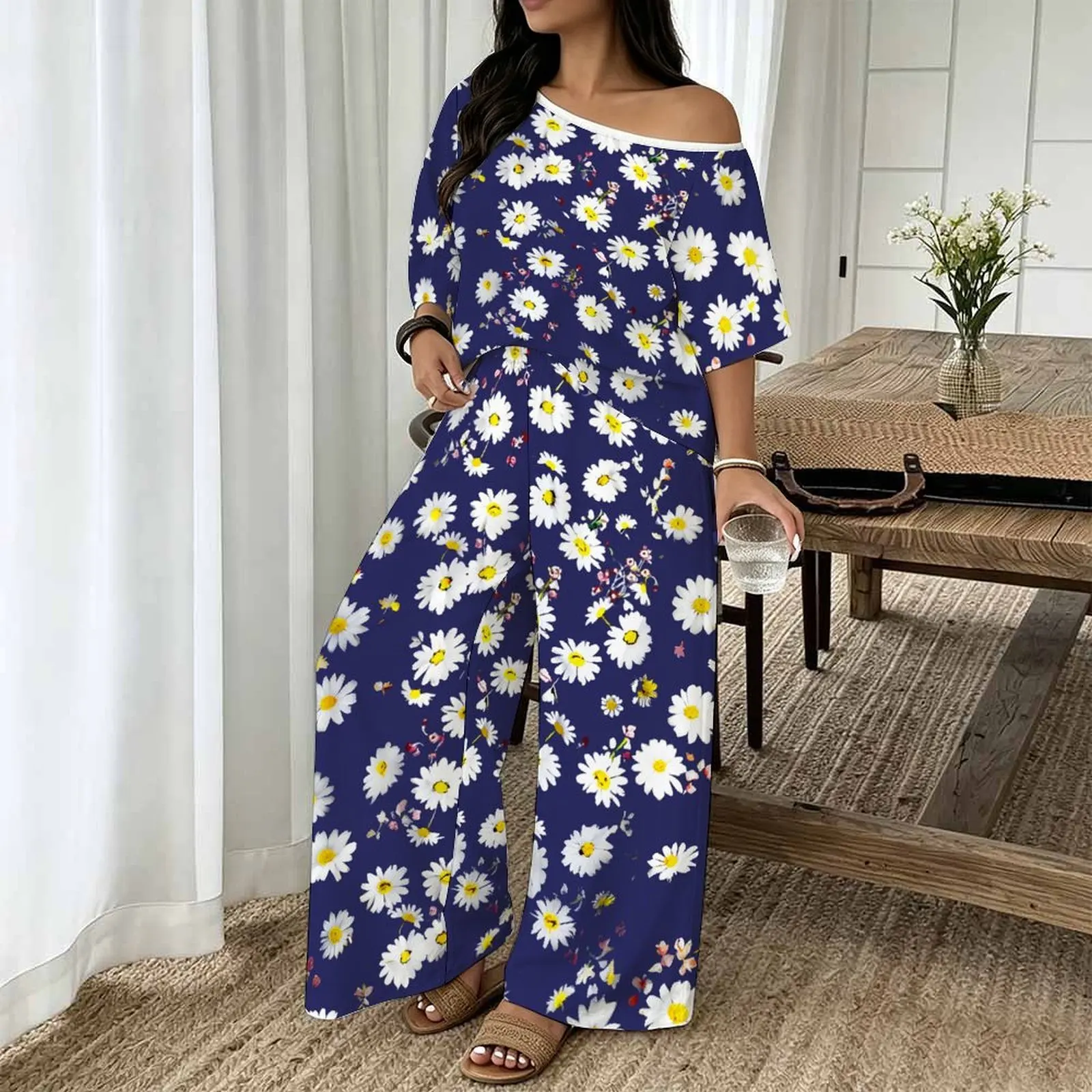 Plus Size Women Casual Print Two Piece Set Round Neck Sloping Shoulders  Short Sleeved Top Clothes Beach Vacation Sweatpants