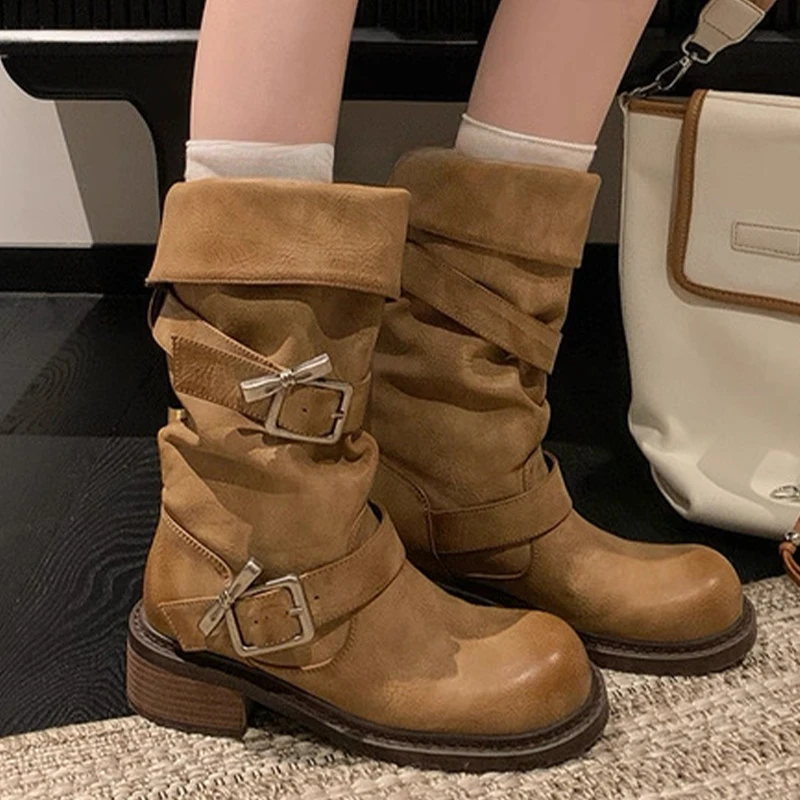 

Knee High Boots Women Heeled Designer Buckle Shoes for Woman Trend Motorcycle Boots 2025 Fashion New Goth Dress Snow Mujer Botas