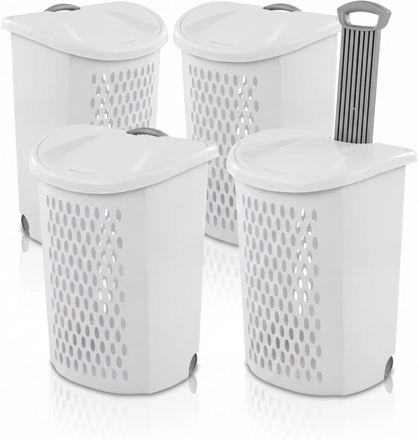 4-Pack Wheeled Plastic Laundry Hamper with Handle and Lid, 2-Bushel Rolling Laundry Basket for Clothes, White Mobile Utility Clo