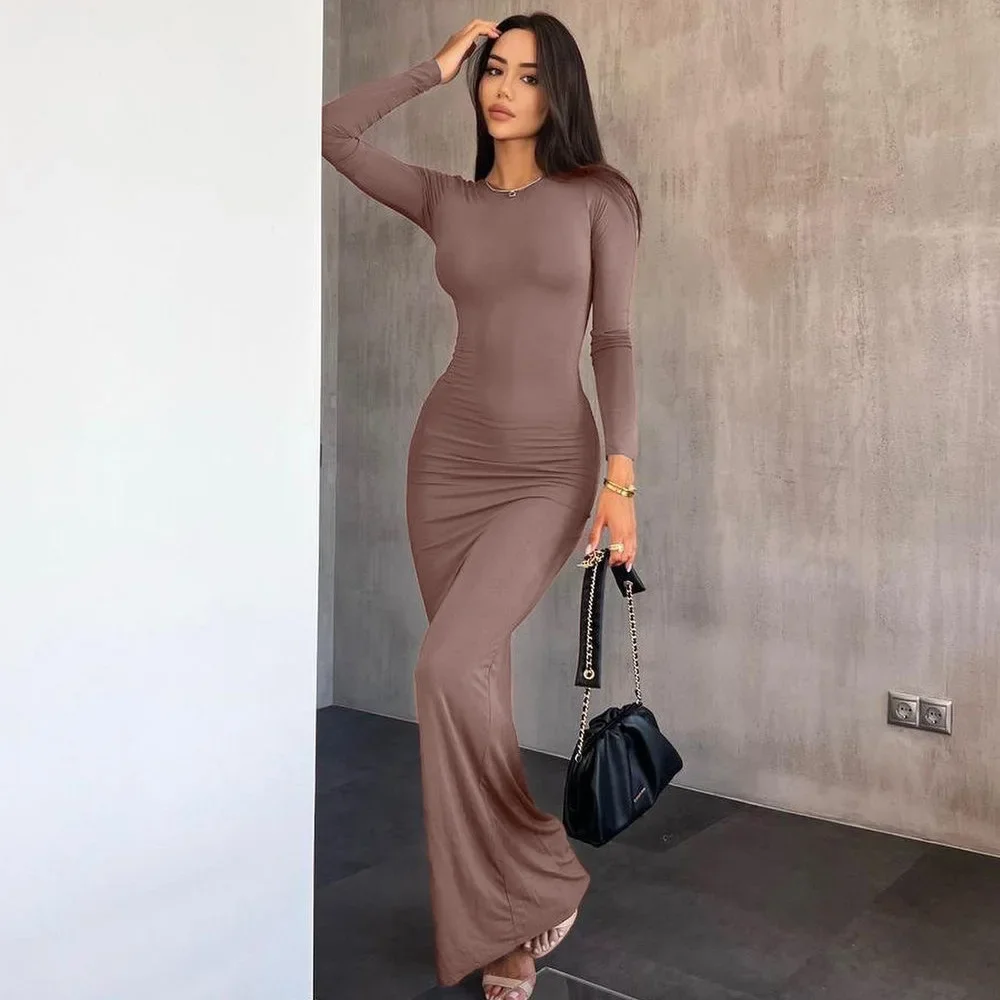 Women's Slim Fit Solid Color Round Neck Mid Waist Long Sleeved Dress 2024 Autumn