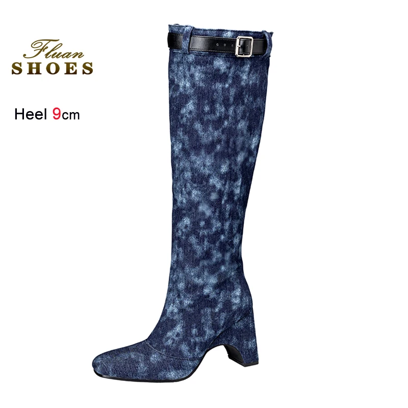 

Autumn Winter Thick High Heel Denim Knee Long Boots For Women 9CM Square Toe Belt Buckle Pleated Boots Western style Woman Shoes