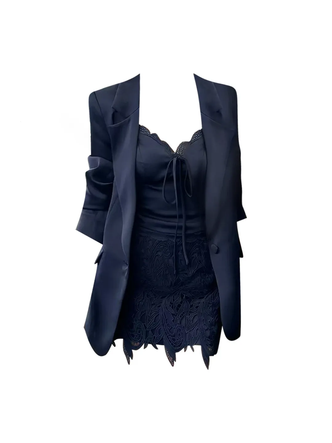 plus Size Women's Suit Jacket Lace  Skirt And Strap Top Three Piece Set High Waist Fashionable Autumn Outfit Short Sleeve