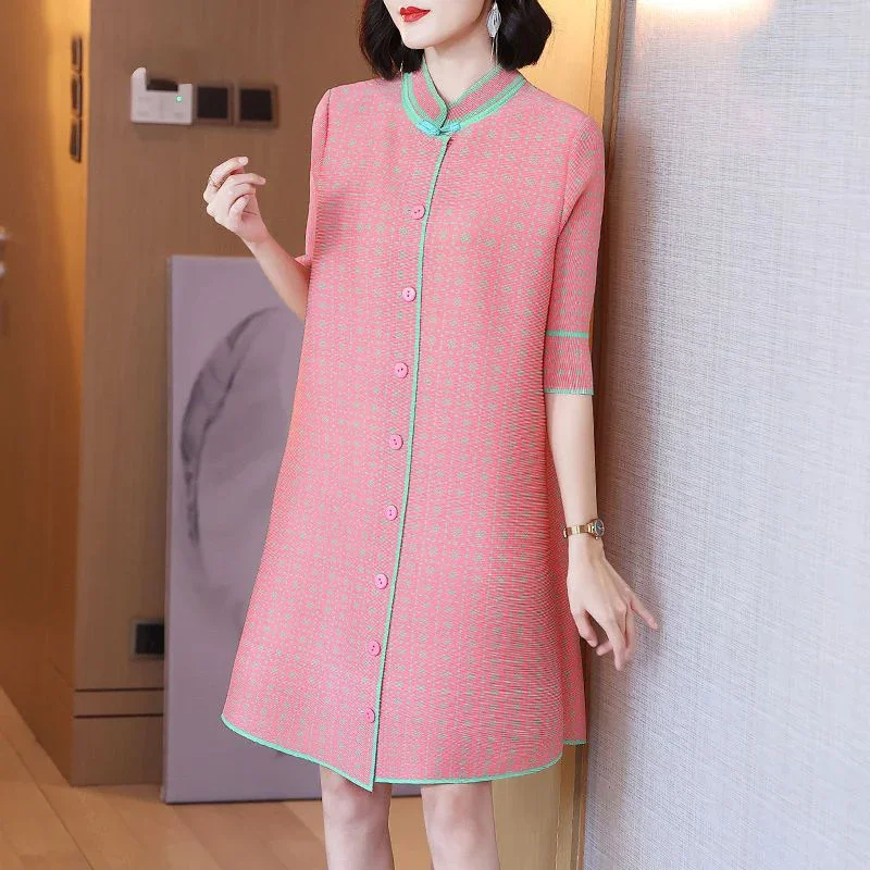 

Spring Summer Stand Collar Simple Fashion Pleated Dress Female 3/4 Sleeve Elegant Robe Women Temperament Buttons Vestidos Z509
