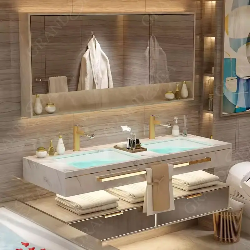 

Современный современный дизайн, модульный зеркальный шкаф, 72-дюймовый настенный туалетный столик для ванной комнаты с двумя раковинами, серый, белый дуб