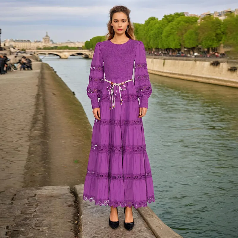 

French retro high-end spring new hollow lace-up solid color waist thin dress fashionable simple temperament elegant and versatil