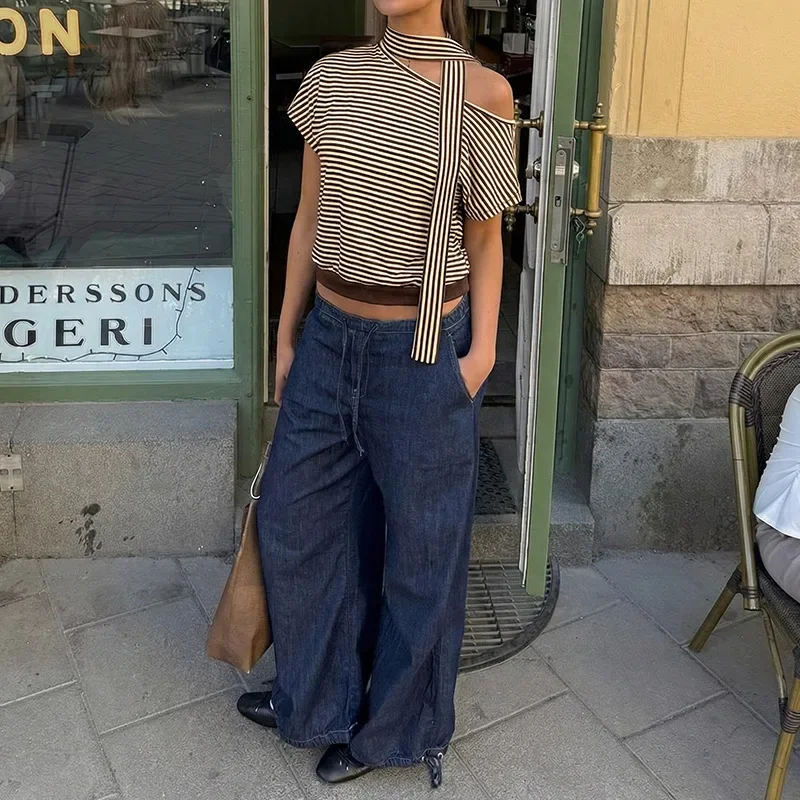 

2026 Summer New Hot Sale Daily Casual Style Tops Asymmetrical Diagonal Collar Striped T-Shirts for Women