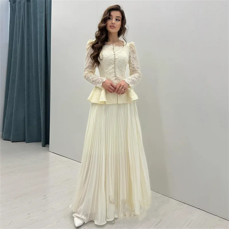 Tweedelige Arabische avondjurk op maat gemaakte vierkante hals volledige mouwloze kanten plooi chiffon A-lijn galajurk feestjurken