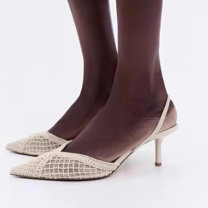 

Weave Mesh Mules Pointed Toe Sandals Women Pumps Hollow Elegant High Heels Female Fashion Brand Designer Wedding Dress Women