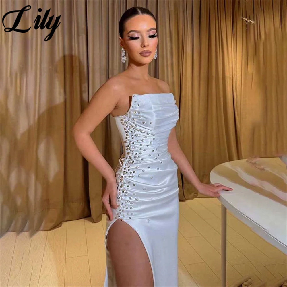 Lilie weiß schick Frau Abendkleid Kleid Meerjungfrau sexy Split träger los Perlen Nacht kleid Kleid mit Falten Satin Roben de Soirée