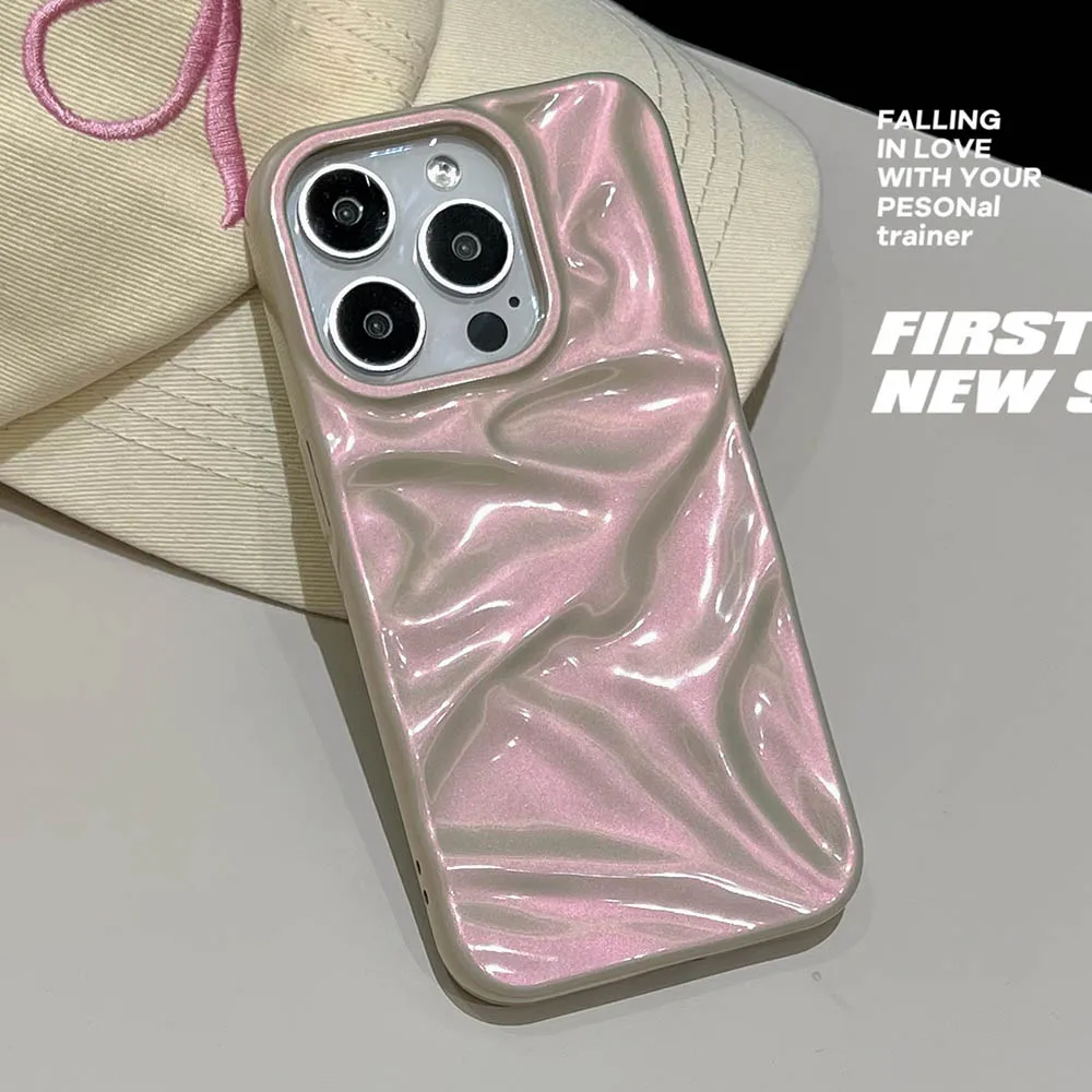 حافظة هاتف ملونة أرجوانية وردية لامعة متجعدة لهاتف آيفون 16 15 14 Plus 13 12 Pro Max 11 غطاء خلفي ناعم مقاوم للصدمات