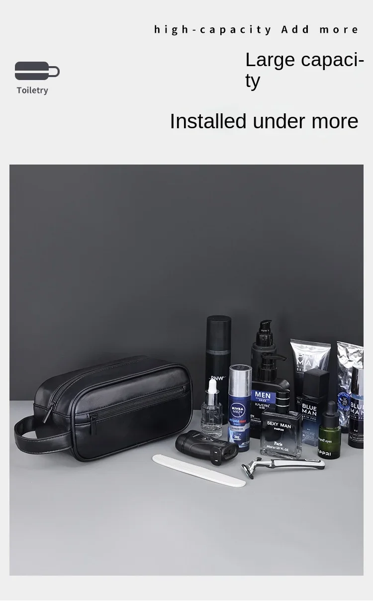 Kulturbeutel aus Leder für Herren, für Reisen, Geschäftsreisen, tragbare Kosmetiktasche, großes Fassungsvermögen, mehrere Taschen, handgehaltener Kulturbeutel aus Leder – Detail 6