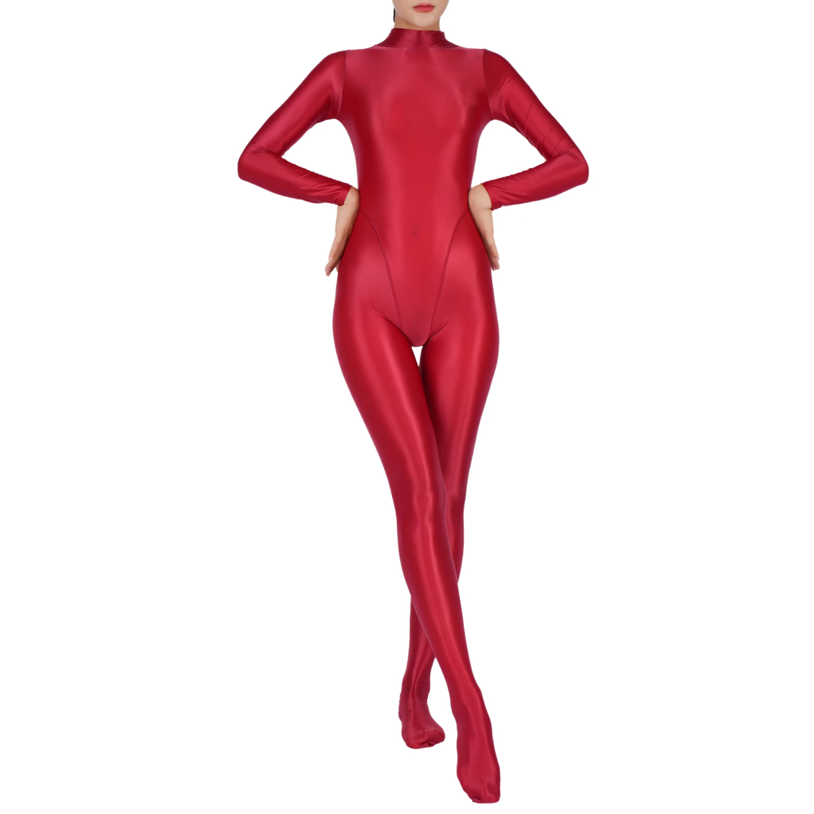 

Women Glossy See Through Full Body Bodysuit Jumpsuit Semi Sheer Mock Neck Long Sleeve Footed One Piece Rave Clubwear Nightwear