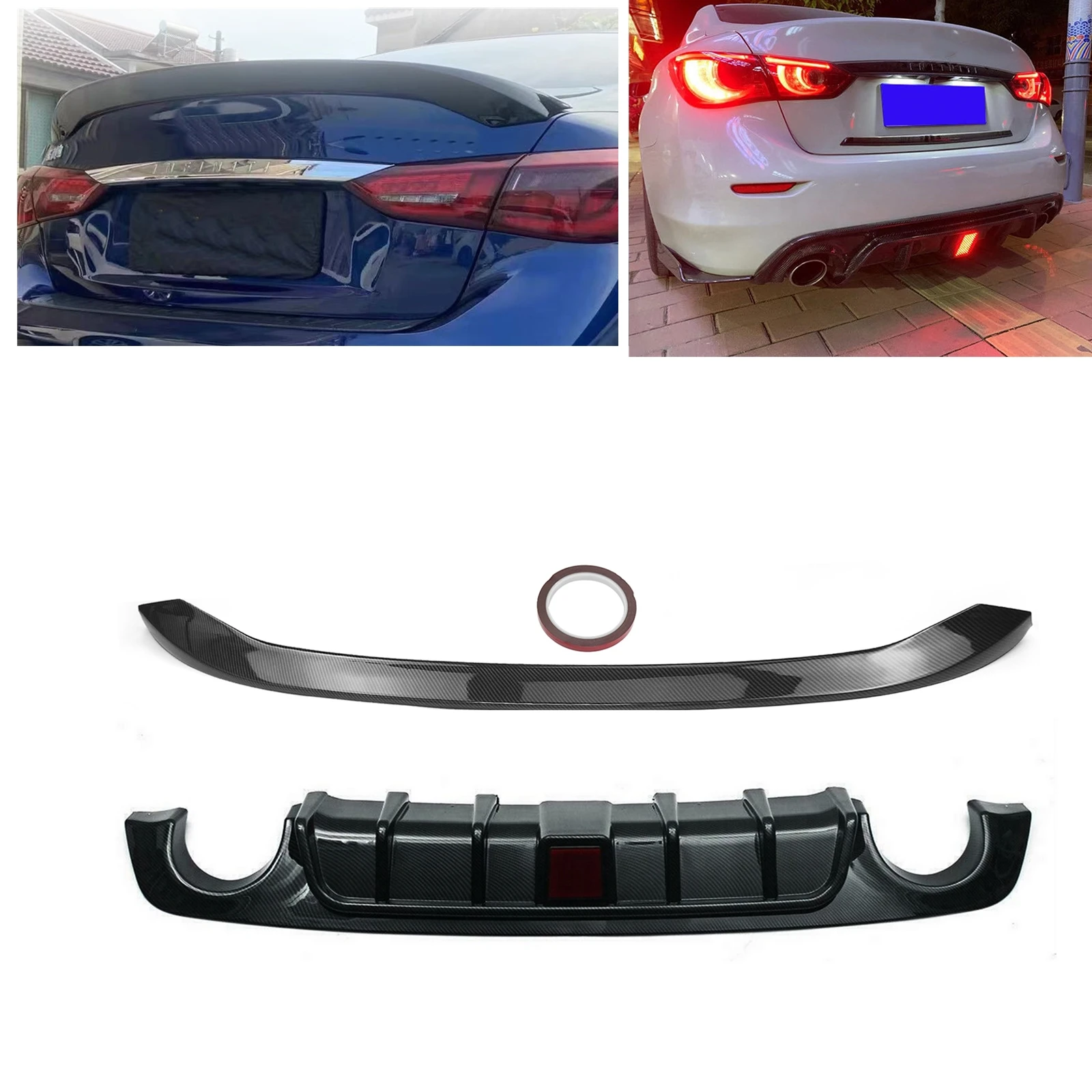 

Car Rear Bumper Diffuser W/ LED Light & Trunk Spoiler Lip Roof Wing For Infiniti Q50 2018-2023