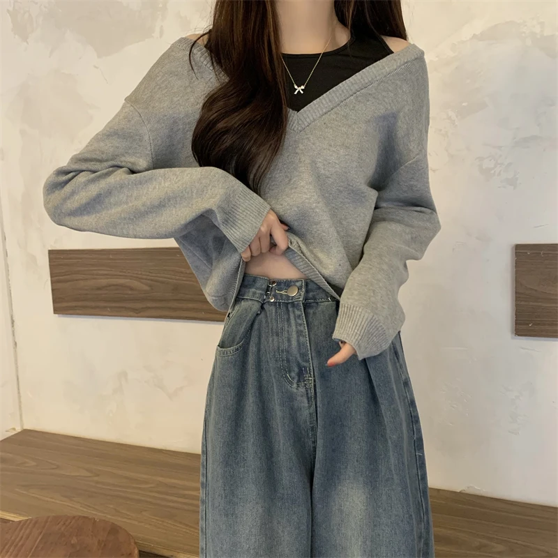 

2024 Women Spring Autumn New Fake Two Piece Knitted Tops Female Long-sleeved Sweater Tops Ladies Loose Casual Jumpers V167