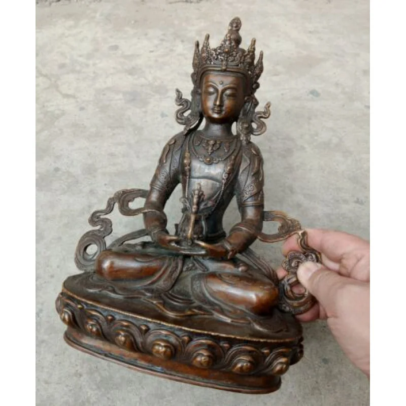 30cm Buddha Statue Old-Fashioned Hand Carved Buddhist Bronze Amitayus Amitabha Sakyamuni