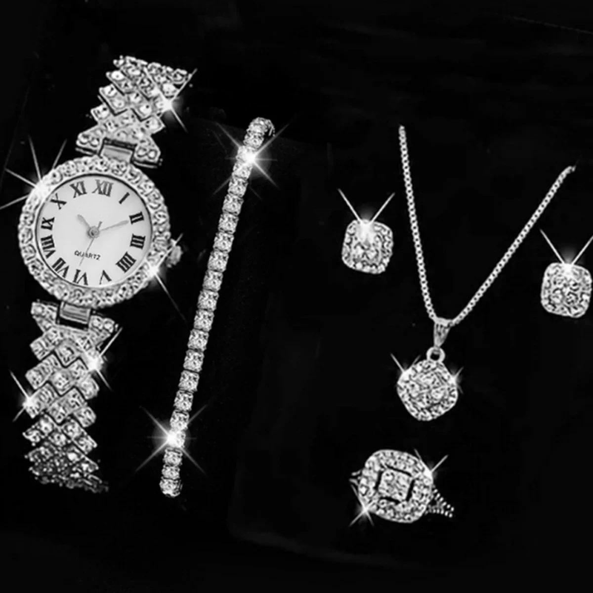 1 pcs women's Roman watch alloy diamond quartz watch set with 5 pcs of accessories for women