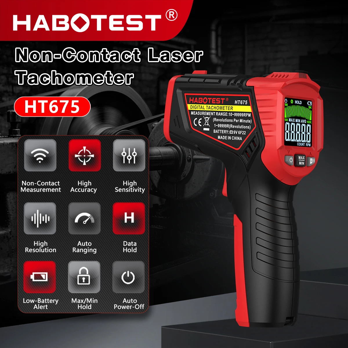 HT675 Laser Tachometer 1000mm Test Dist. Rotation Counter 1-99999r Digital RPM Tester Auto Range LCD Screen for Fan Motor Lathe