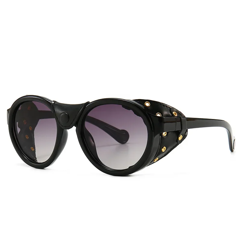 

New Retro Round Frame Punk Steam Male Sunglasses Personality Leather Case Gothic Female Goggles Driving Glasses Gafas De Sol Man