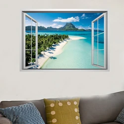 Home Decorations Walls Art Sea View Mural for Aesthetic Rooms Removable Vinyl Big Window Beach Coconut Trees Blue Water Stickers